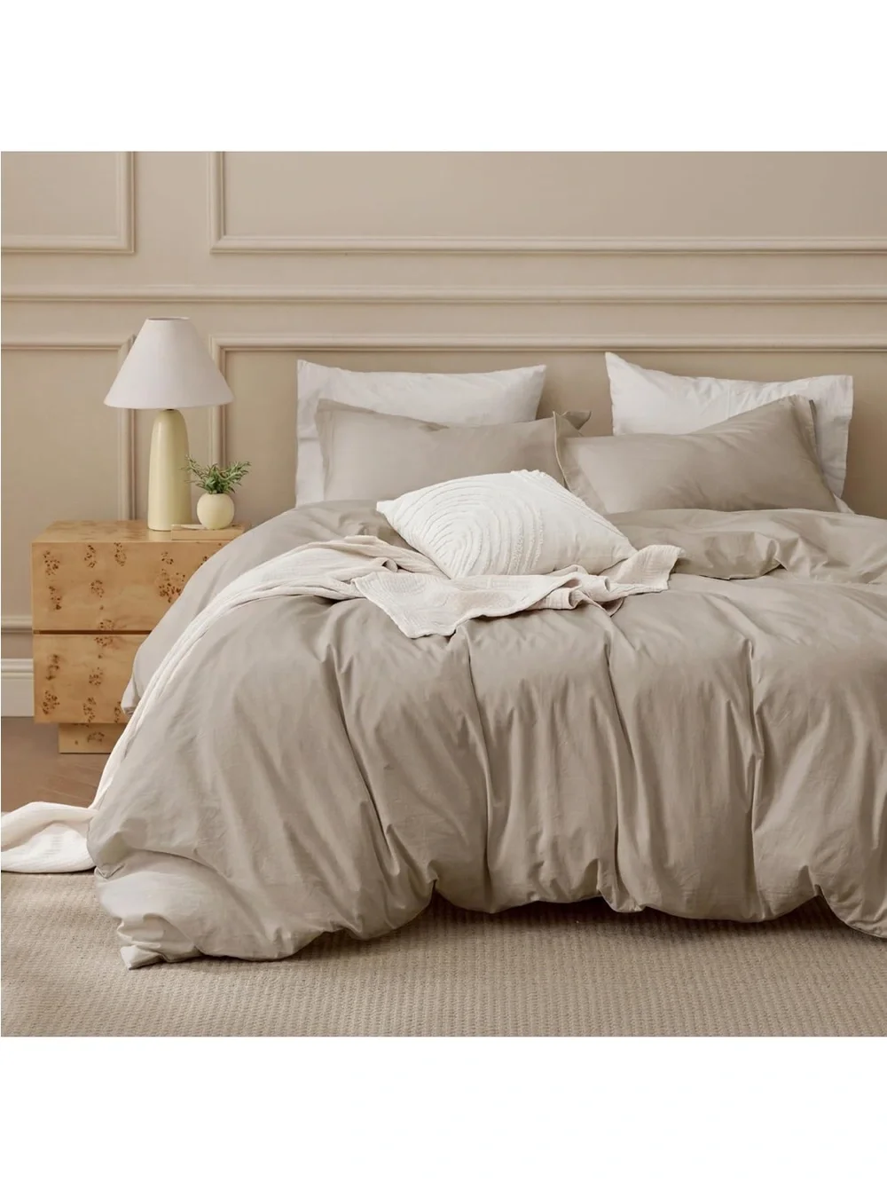 NEW Bedsure 100% Washed Cotton Duvet Cover Set. Frosted Almond Minimalist Beddin